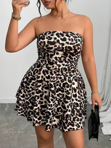 [Plus Size] Leopard Print Tiered Layer Tube Dress, Casual Strapless Sleeveless Short Dress for Party Club Dating Wear, Women Plus Clothing for Summer, Womenswear