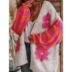 Women's Soft Chunky Knit Duster, Y2K Contrast Color Flower Top Long Sleeve Cardigan for Travel and Vacation, Trendy, Modern, Going Out, Throwback Style, Classy, Tropical Vibe, Coastal Style, Sunny Days