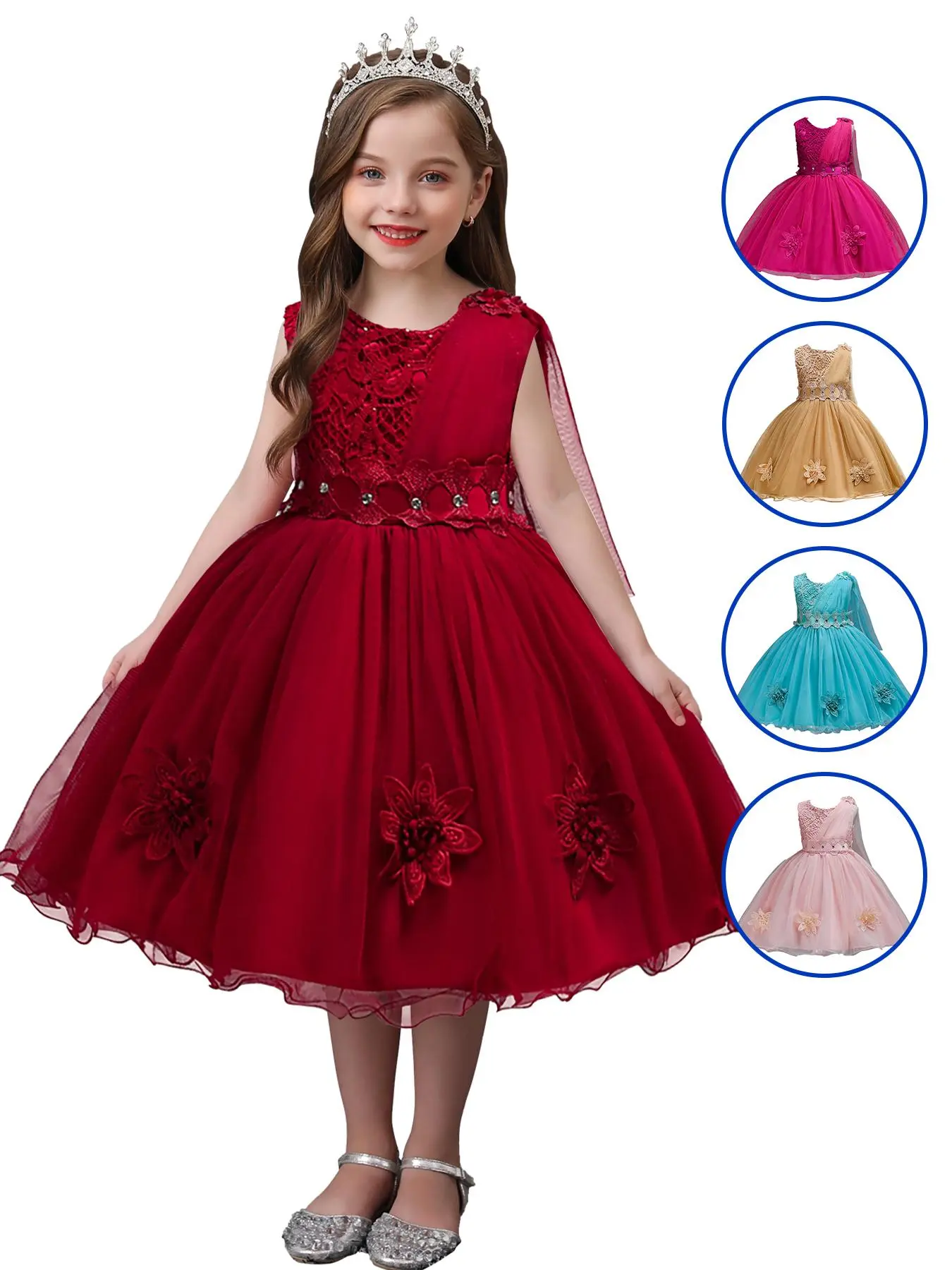 Girl's Floral Decor Lace Dress, Elegant Sleeveless Round Neck Tulle Dress for Party Wedding Guest, Birthday Dresses, Kids Clothes for All Seasons