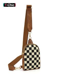 checkered pattern fanny pack, fashionable pu leather sling bag for women, casual versatile zipper crossbody purse with detachable strap for travel & daily