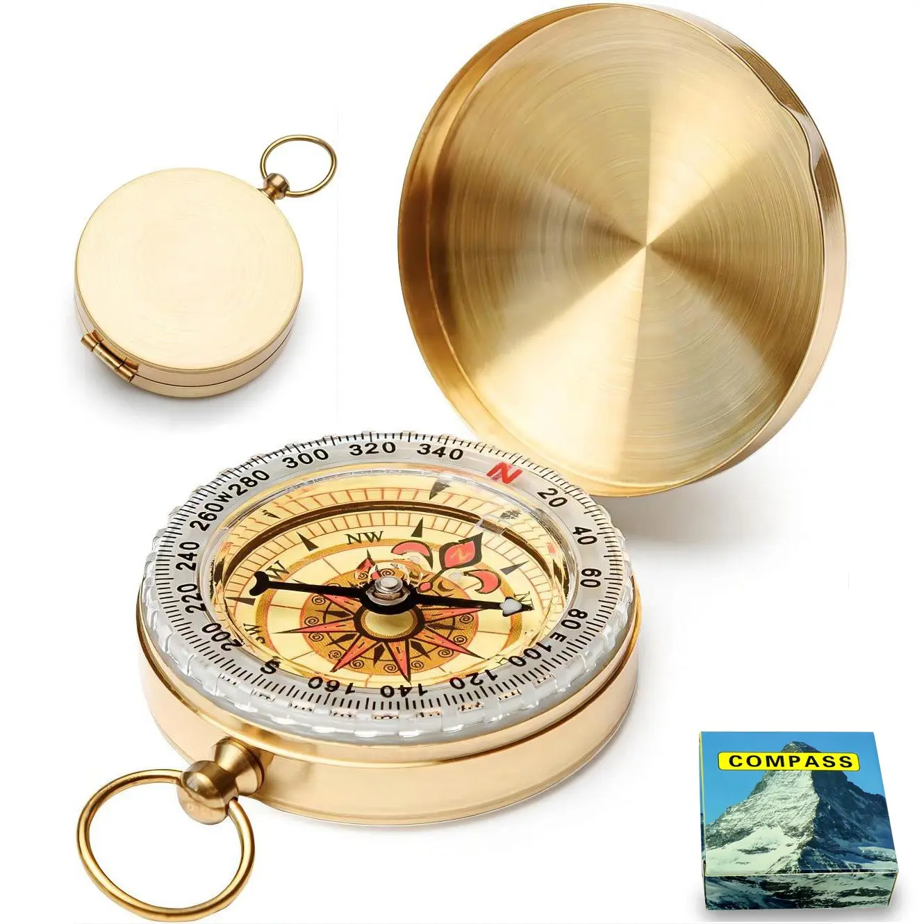Classic Pocket Style Copper Clamshell Compass, 1 Count Survival Gear Compass, Waterproof Luminous Compass Outdoor Compass Camping Tools Camping Equipment Camping Supplies for Hiking Camping Hunting Climbing