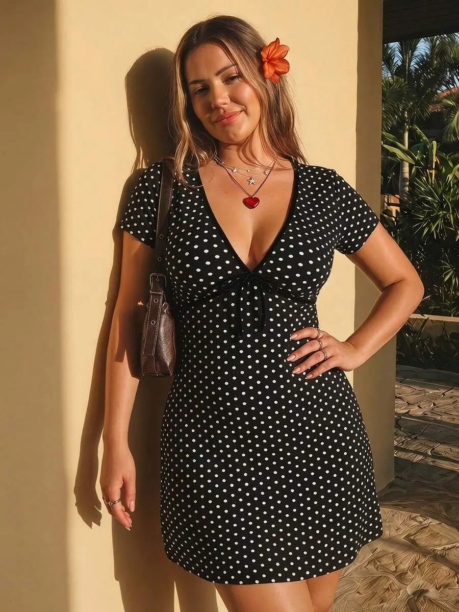 Plus Size Retro Y2K Deep V-Neck Polka Dot Short Sleeve Cinched Waist A-Line Dress, Suitable For Back To School, Casual Wear, Vacation, Summer