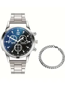 2-piece/two-set trendy men's watch, three-eye digital steel strap quartz watch, fashionable men's watch, student wristwatch, bracelet set, Modern Fashionable Wristwatch, Quartz Analog Watch