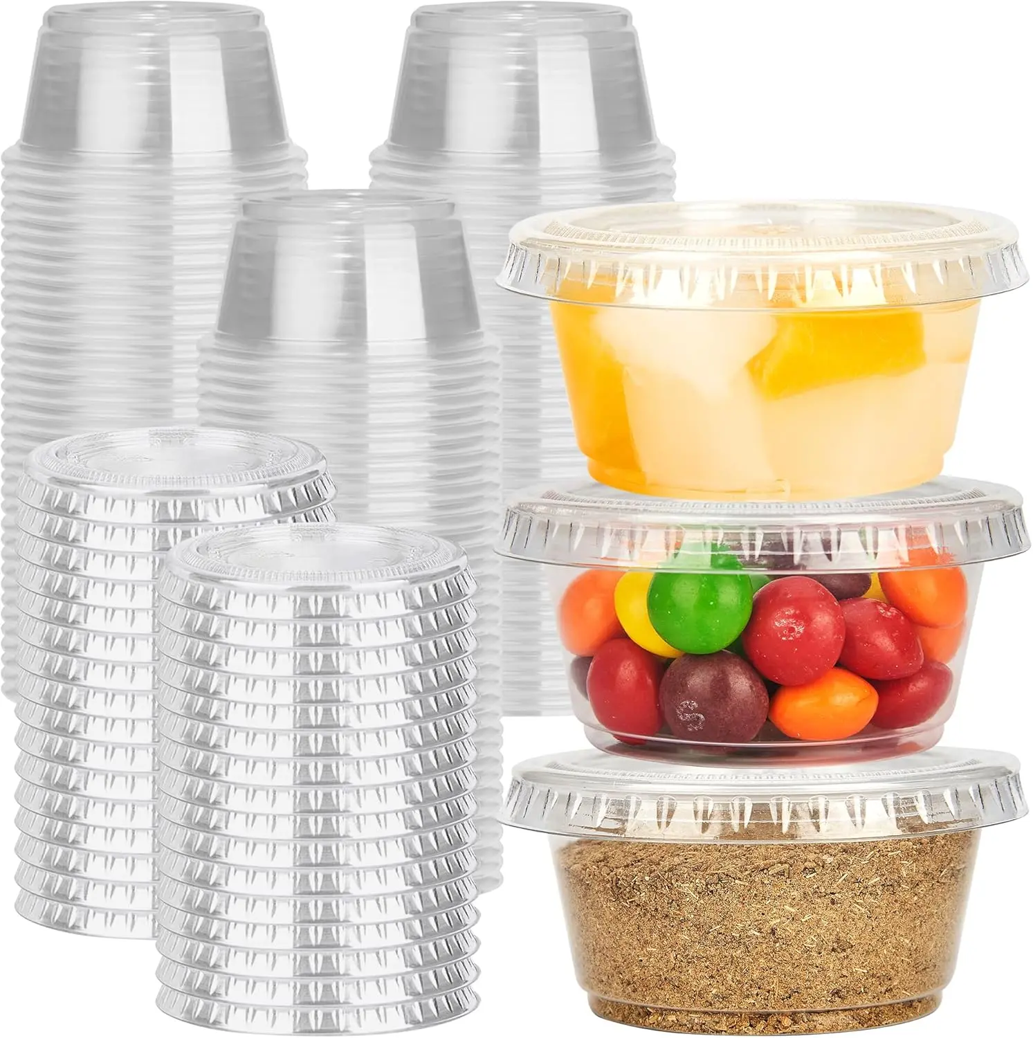 100 Sets Disposable Plastic Jello Shot Cups with Lids - 2 oz Clear Portion Cups & Containers for Business, Meal Prep, Salad Dressing
