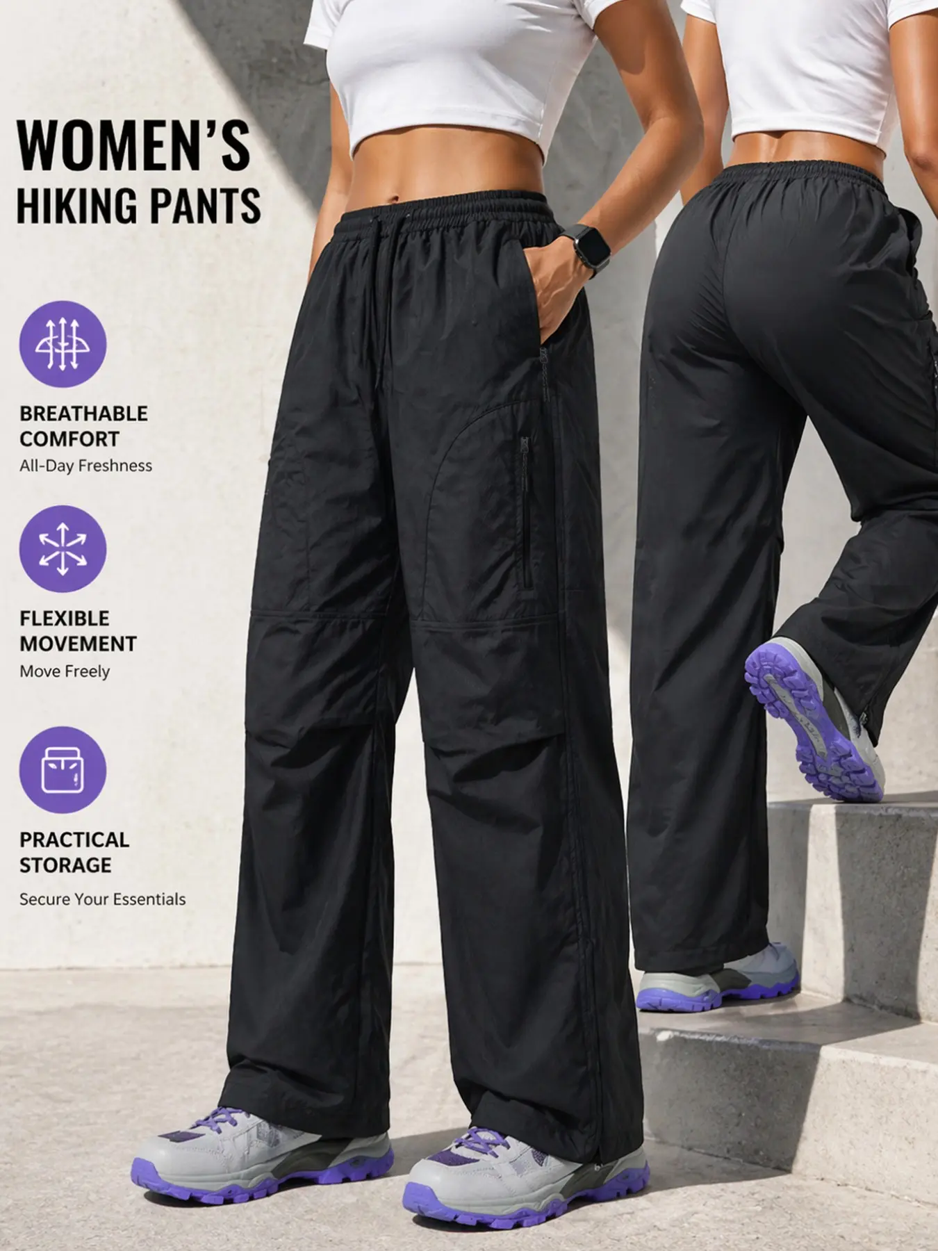 Women's Soft Shell Hiking Cargo Pants, Fashion Outdoor Long Athletic Pants, Elastic Drawstring Waist, Multiple Zip Pockets, Adjustable Ankle, Lightweight, Breathable Sports Trousers, Activewear