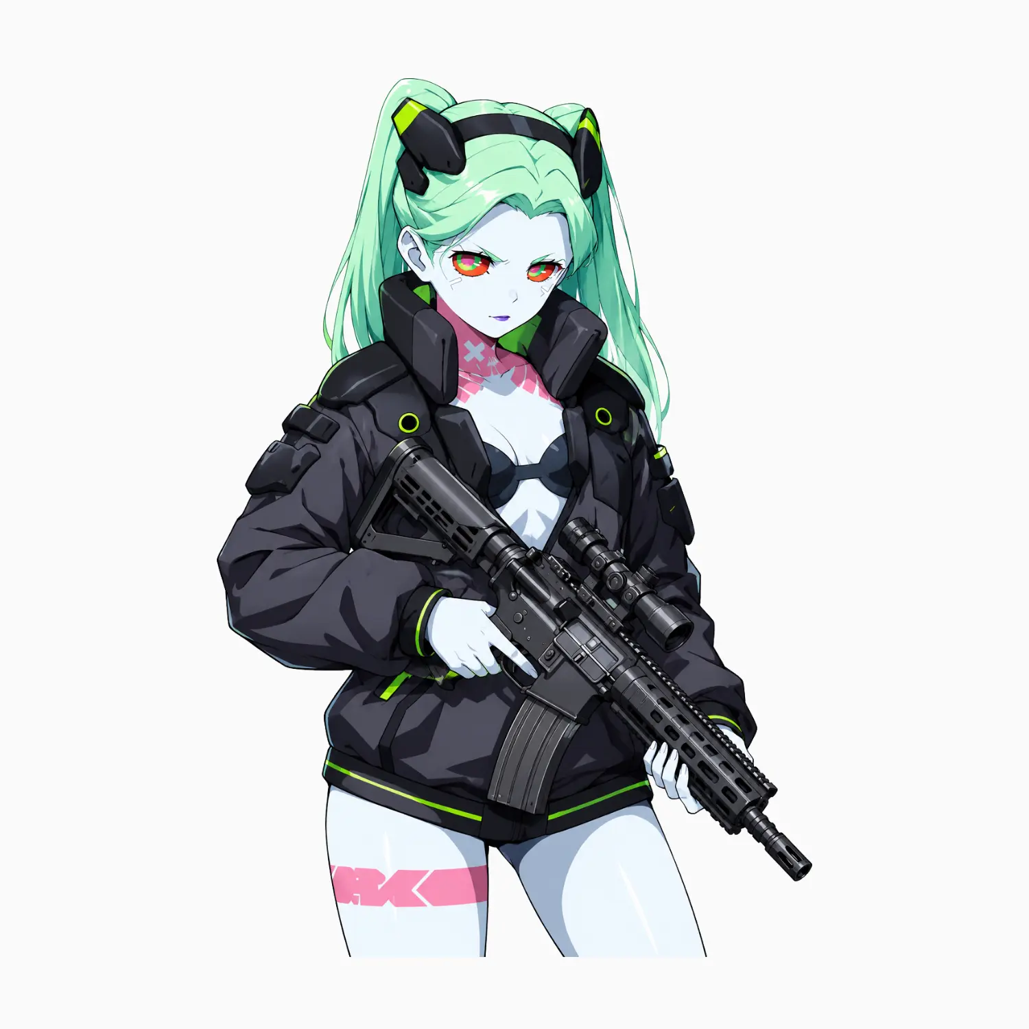 Rebecca Cyberpunk Anime Sticker, Futuristic Tactical Girl with Rifle, Halloween Punk Waifu Vinyl Decal for Laptop, Tumbler, Car, Truck, Water Bottle