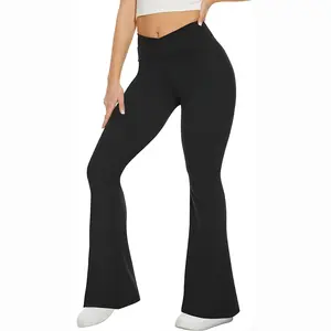 Black Crossover Flare Leggings High Waist Bootcut Yoga Pants with Pockets Soft Squat Proof Fabric Butt Lifting Design