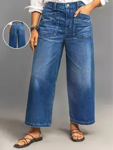 Plus Size Retro High Waist Wide Leg Jeans for Women, Loose Fit Slimming Straight Nine-Inch Pants, Front Pocket Design, Perfect for Pear Shape