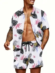 Men's Tropical Pineapple Print 2-Piece Loungewear Set - Short Sleeve Camp Collar Shirt & Drawstring Shorts, Soft Breathable Fabric, Relaxed Fit for At-Home Lounging, Lazy Weekends & Casual Evenings