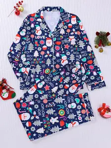 2-piece set, Pajama set of gingerbread man, building blocks, Christmas long sleeved pants, top with small pockets, button closure, elastic waistband, suitable for all seasons, soft, comfortable, skin friendly for home we