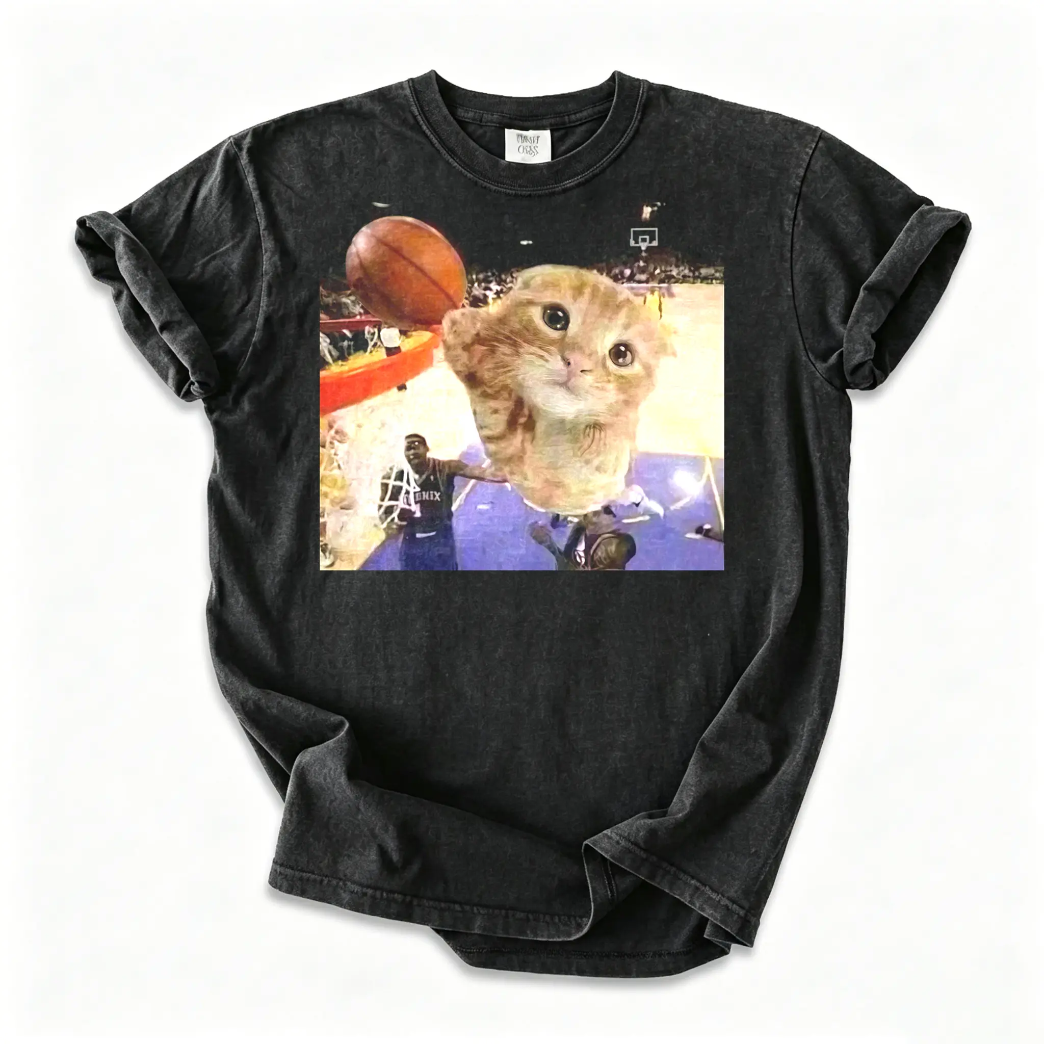 Women's Vintage Graphic T-Shirt with Funny Cat Meme Print, Casual Shortsleeve Streetwear, 100% Cotton, USA Made with Distressed Finish, Fabric, Top, Tee, Oversize, Fit, Loose, Round Neck, Tshirt