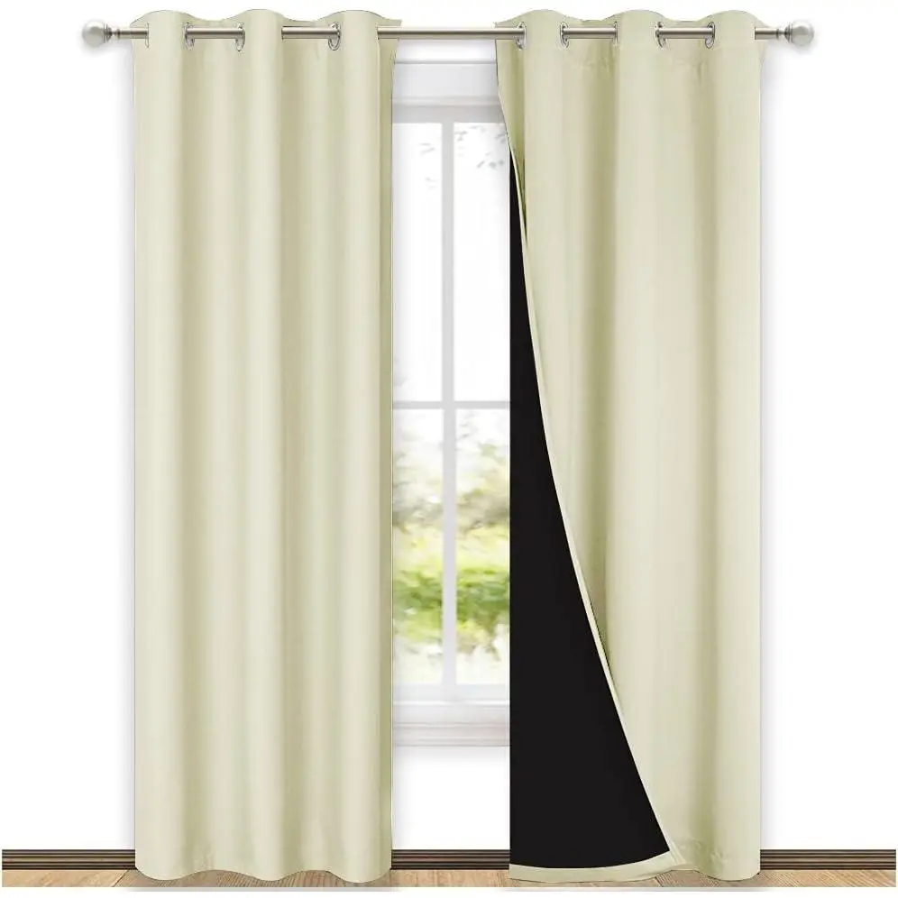 NICETOWN Living Room Completely Shaded Draperies, Privacy Protection & Noise Reducing Black Lined Insulated Window Treatment Curtain Panels for Patio Door (Beige, Set of 2, W42 x L84)