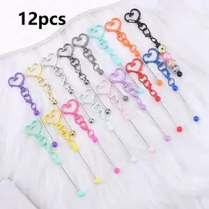 12 Piece Heart Keychain Set, DIY Keyring Making Materials, Silver Color Metal Beads Blank Keychains, for Beaded Keyrings, Connectors, Decorations Accessories, Trendy Cute Keychain