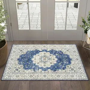 Machine Washable Oriental Area Rug - Waterproof Floral Distressed Design, Soft Stain Resistant Non-Shedding Carpet for Living Room, Bedroom, Indoor Home Decor