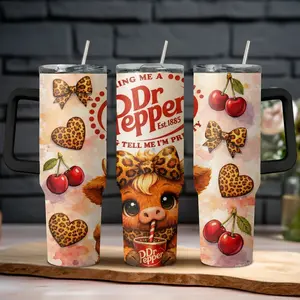 Dr Pepper Highland Cow 40oz Insulated Tumbler With Handle & Straw, Cute Leopard Print Bow Cartoon Stainless Steel Travel Mug, Retro Cherry Soda Fan Graphic Cup Gift For Her, Vintage Coquette Aesthetic Cow Cup, Funny Soda Lover Travel Coffee Mug Gift