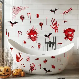 Halloween Themed Wall Sticker, Blood Handprint Bat Spider Web Pattern Wall Decal, Decorative Sticker for Home Bathroom Living Room, Ornaments