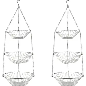 3-Tier Wire Fruit Hanging Basket 2 Packs,non-Punching Wall Hanging Storage,Kitchen Bathroom Organization Basket,Suitable for Bathroom,Kitchen,Closet,Garden