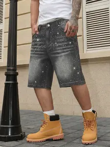 Shiny Denim Shorts with Rhinestones, Loose-Fit Street Style Jean Pants, Breathable Summer Wear, Versatile Daily Commute, Streetwear