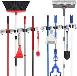 2 Pack Broom Holder Wall Mount Mop Hanger, Stainless Steel 4 Racks 5 Hooks Self Adhesive Heavy Duty Tool Organizer for Garage Kitchen Garden Laundry Room Home (Silver） nacena
