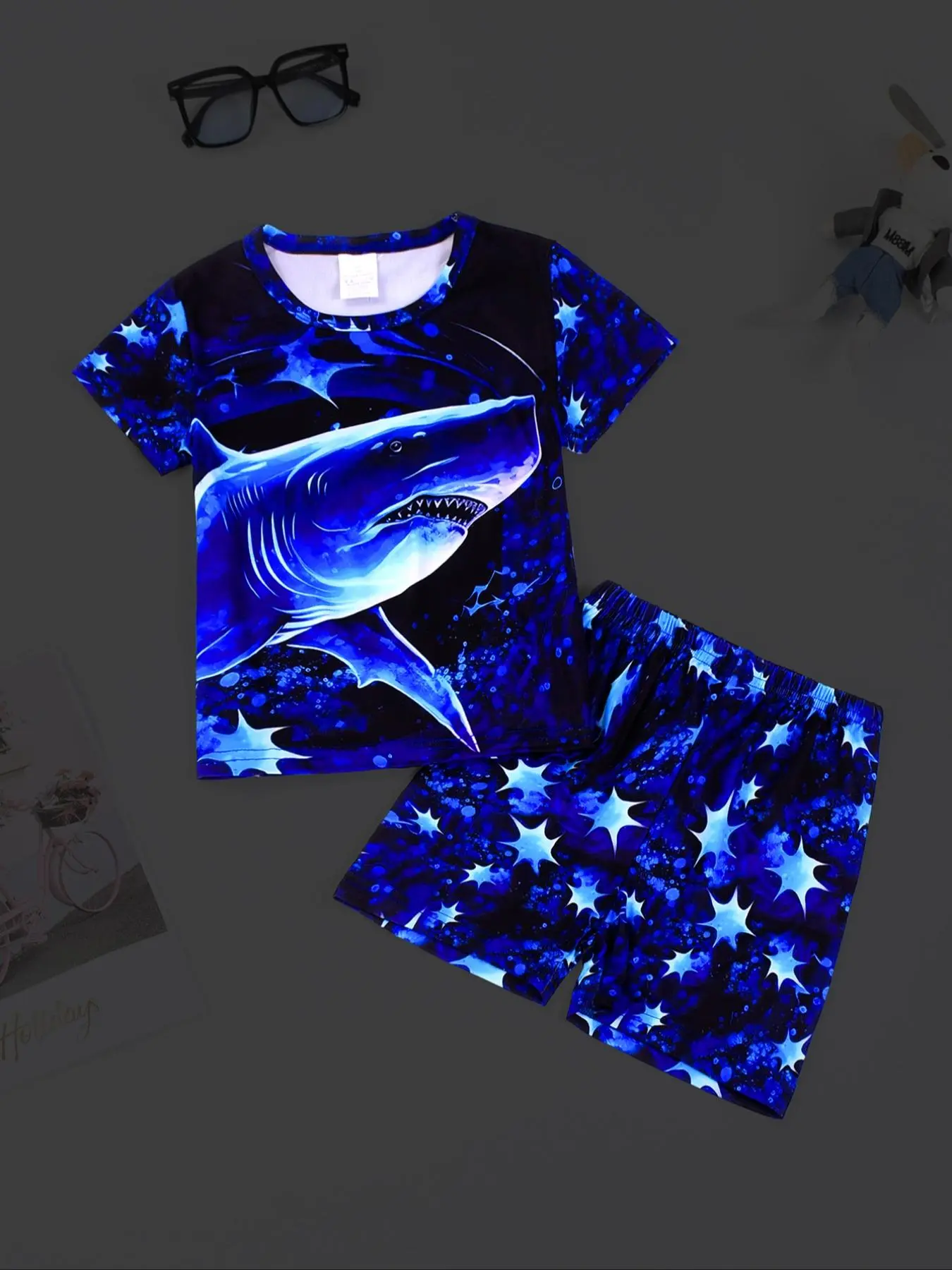 Boys' Round Neck Short Sleeve Pajama Set, Shark Digital Print, Breathable Comfortable Home Wear, 2-Piece for All Seasons, Print Sleepwear, Pajamas, Pajama Lounge Sets, Pyjamas Set