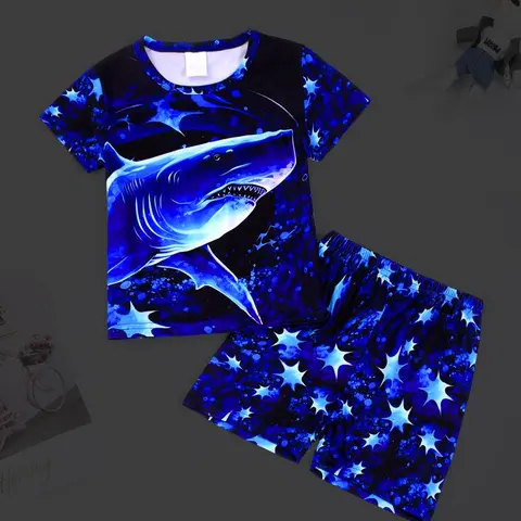 Boys' Round Neck Short Sleeve Pajama Set, Shark Digital Print, Breathable Comfortable Home Wear, 2-Piece for All Seasons, Print Sleepwear, Pajamas, Pajama Lounge Sets, Pyjamas Set