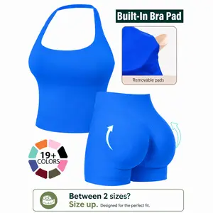 Seamless Workout Sets for Women, Halter Tank Top & Gym Scrunched Shorts Sports Set, Sporty Breathable Quick Drying Outfits for Yoga Gym Workout Running, Ladies Sportswear for Summer