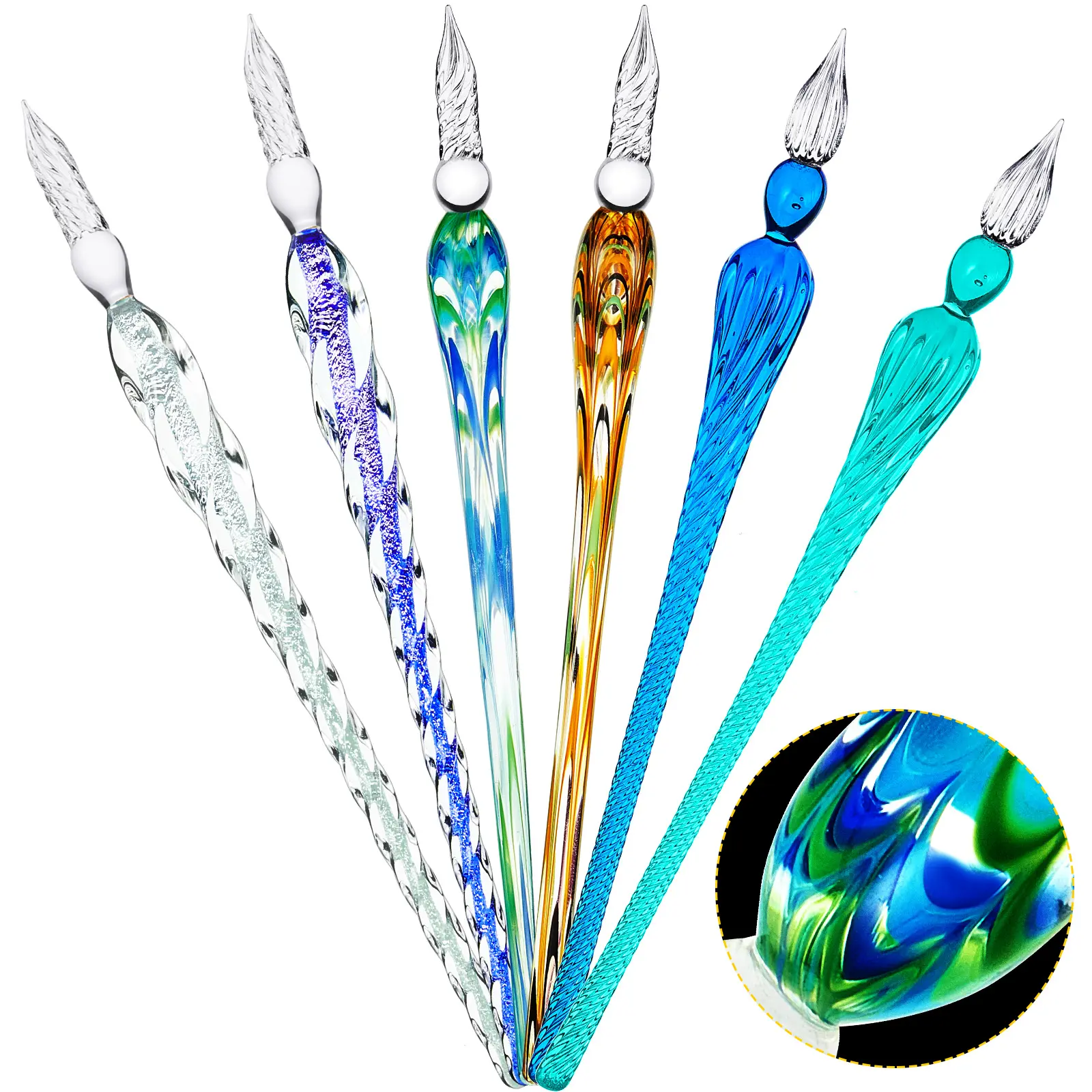 6 Pieces Handmade Glass Dip, Crystal Glass Signature Calligraphy Vintage Dip Ink Pen Borosilicate Present Pen for Writing Drawing Decoration(Stylish Color,Bright Style)