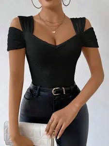 New Fashion Elegant Casual Women's Solid Color Off-Shoulder Design Slim Fit Short Sleeve T-Shirt, Stylish and Comfortable Top for Daily Wear
