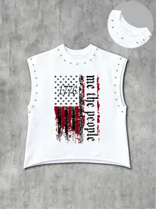 Men's Sleeveless Vest, American Vintage Flag Print & Rivet Embellishment, Loose Fit, Casual Streetwear, Perfect for Trendy Gatherings, Vest Top