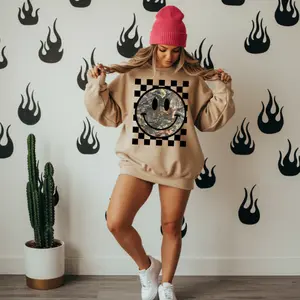 Camo Checkered Smiley Sweatshirt, Graphic Crewneck Sweatshirt, cowgirl outfits, western clothing, western tops outfits women, country concert outfits clothing, rodeo outfit women shirts hoodie