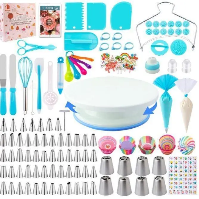 356-Piece Pastry Decorating Set - Durable Stainless Steel Baking Tools, Left/Right Rotate Cake Turntable, Piping Bags, Flower Flip Sugar Molds, Cake Leveler, Cupcake Liners, Basic Beginner Kitchenware Birthday Gift