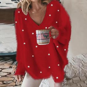 2026 Spring ChicMe Women's V-Neck Long Sleeve Beaded Decor Oversized Sweater Fluffy Pullover Top