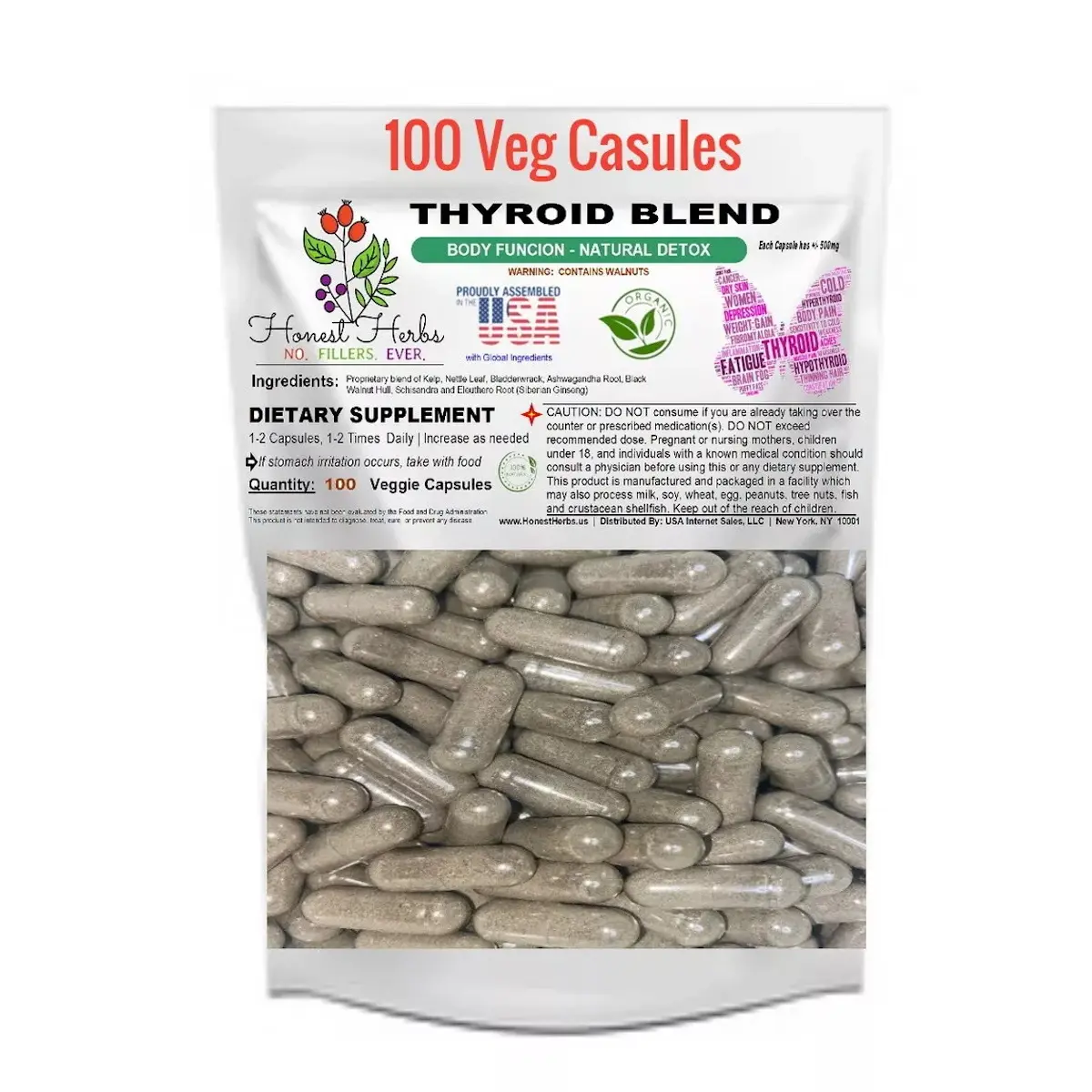 Thyroid Blend - Kelp, Bladderwrack, Ashwa. & More 500mg, 100 Veggie Capsules