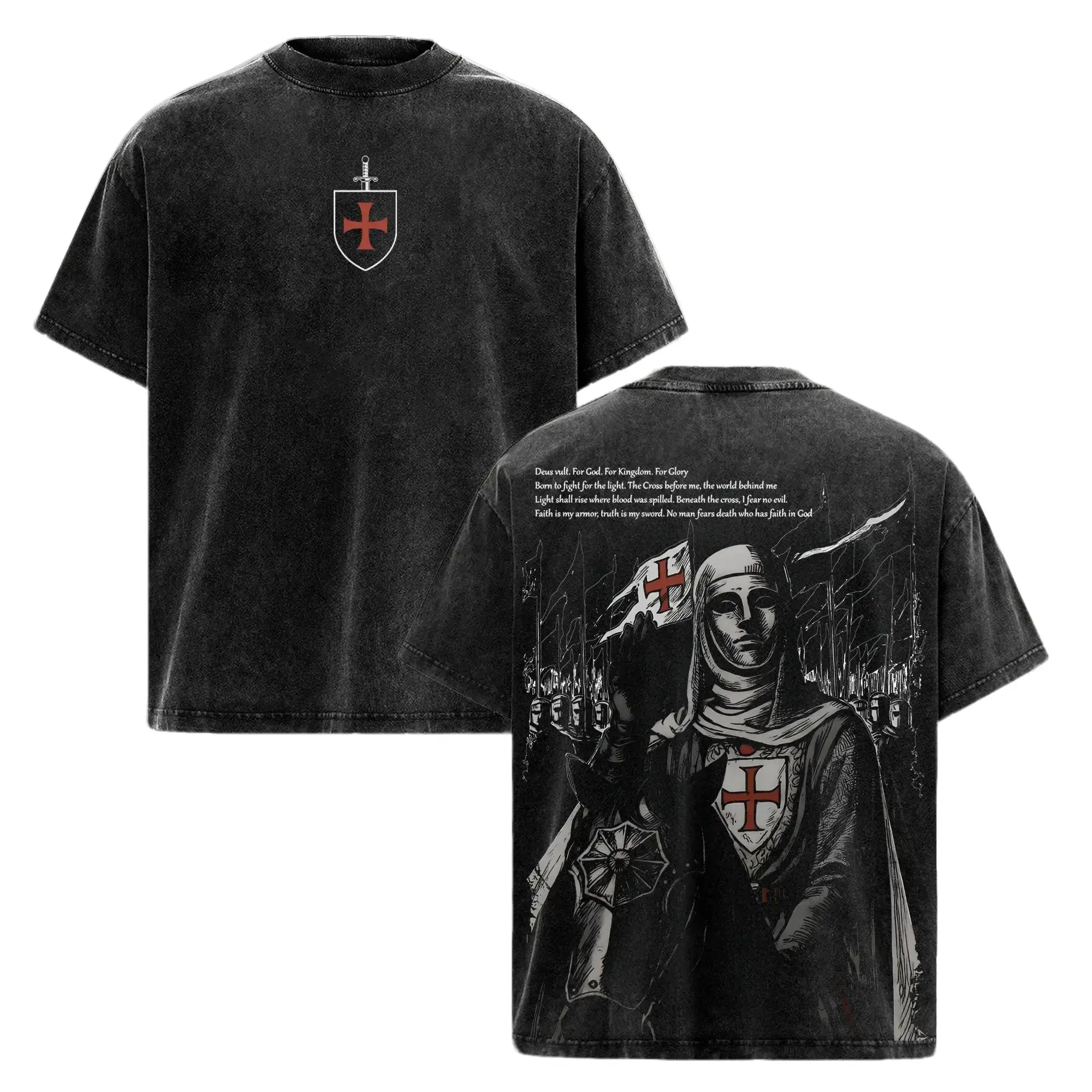 Retro Baldwin IV "The Leper King" The Crusader King and His Holy Army Vintage Washed T-Shirt Hoodie Sweatshirt Tank Top Sweatshirt |  Jerusalem Cross Medieval Christian Streetwear | Medieval Cross Armor Glory of God Outfit