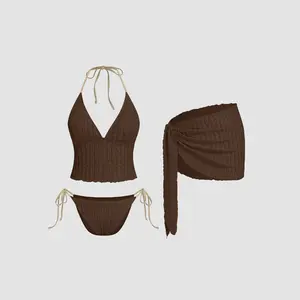 Cider Texture Halter Neckline Lettuce Trim Knotted Tankini Tie Side Bikini Set With Sarong