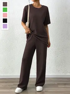 Summer Women's Fashion Solid Color Round Neck Casual Textured Tee and Straight Leg Pants Set, Comfortable and Stylish, Spring