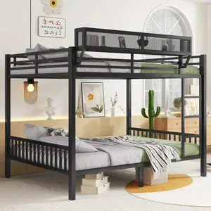 Queen Over Queen Bunk Bed, Heavy-Duty Metal Bunk Bed Frame with Ladder and Storage Shelf for Adults Teens, Noise Free, Black