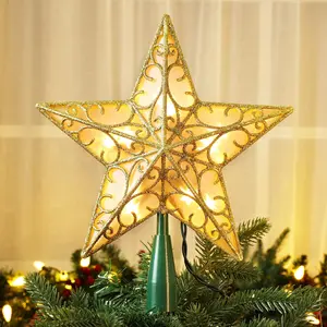 9.5" Christmas  Tree Topper,  Dual-side   Treetop, Glittered Tree Top with 10 Warm White Lights, UL Certified Lighted Xmas Treetop for Holiday Christmas Tree Decor