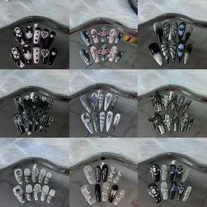 TISXTISW Medium Almond Press on Nails Punk Y2k Fake Nails Gradient Black Stick on Nails 3D Rhinestones Cool Butterfly Design Acrylic Nails Silver Chrome Full Cover Glossy False Nail for Women