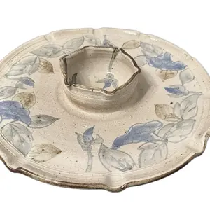 Handmade and Painted Stoneware Serving Tray with Blue Leaf Design for Snacks Dips or Fruit