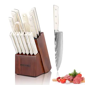 14 Piece High Carbon Stainless Steel Cutlery Kitchen Knife Block Set w/ABS Triple Riveted Forged Handle Acacia Wood Block#fathersdaygift