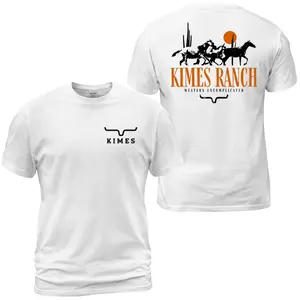 Kimes Ranch Western Uncomplicated T-Shirt , Sunset Horse Landscape Back Design , Small Front Chest Longhorn Print , Minimalist Lifestyle , Daily Casual Ranch Wear , Premium Cotton Graphic Tee Menswear Top Classic