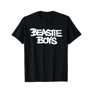 Men's Black and White Graphic Beastie Logo T Shirt Casual Streetwear Tee with Short Sleeves and Regular Fit