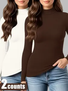 2-Pack Women's Solid Color Turtleneck Long Sleeve Thermal Top - New Style Slim Fit Comfy Tee, Soft Warm Basic Wear for Fall Winter, Fashion Casual Outfit Suitable for Daily Wear & Outings, Easy Care Washable, Stylish Essential for Teen Girls，Womenswear