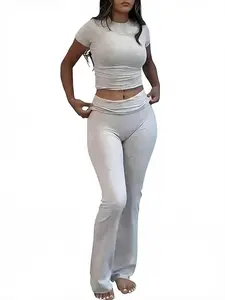 Women's Solid Crop Tee & High Waist Flare Leg Pants Set, Casual Short Sleeve Round Neck Tee & Trousers For Summer, Summer Outfits, Ladies Clothes For Daily Wear, Minimalist Womenswear