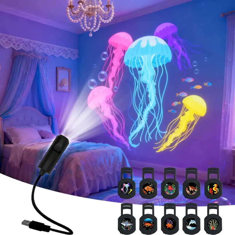 USB LED Colorful Ocean Projector Light, Led Party Light, 10/6/3 Projection Images, 360-Degree Rotating Lamp with Colorful Fish & Coral Reef, for Ceiling, Gift, Room Decoration, Photo Background