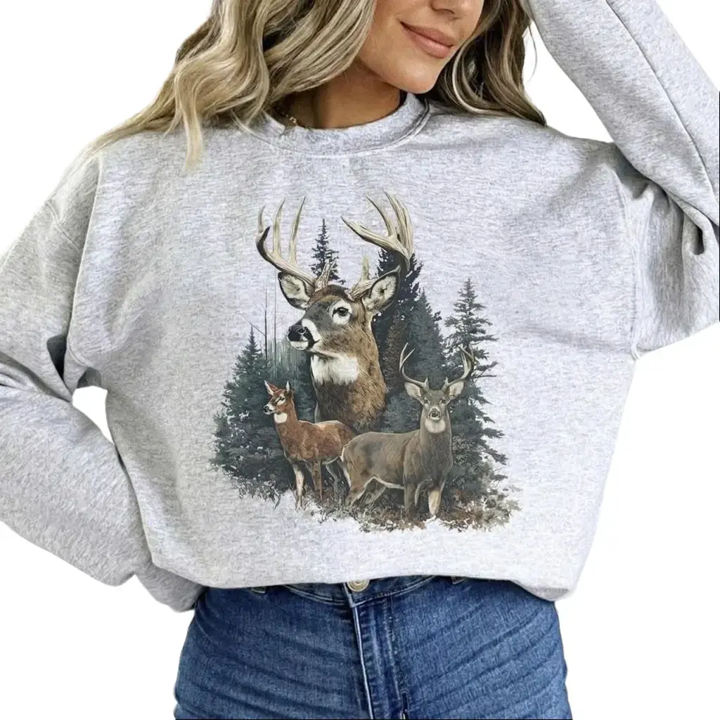 Women's Retro Deer Graphic Crewneck Sweatshirt Pullover Womenswear Unisex Cotton
