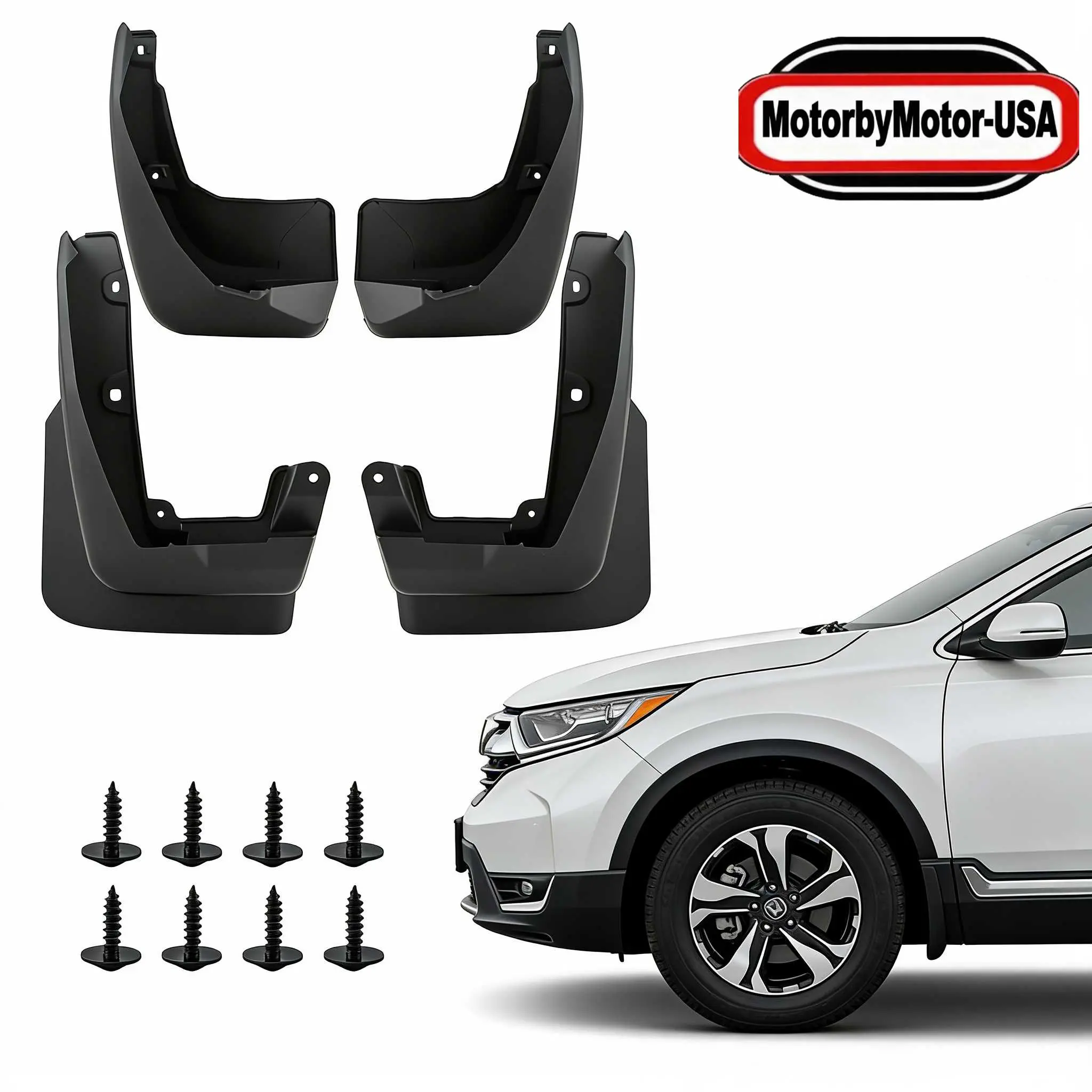 4x Molded Custom-Contoured Splash Guards & Mud Flaps Set for 2017-2022 Honda CR-V, Front + Rear Debris-Deflecting Panels, Black TPO Plastic with TPE Hardware, OE Standards, IATF16949 Certified, All-Weather, No-Drilling, Complete Installation Kit Accessory