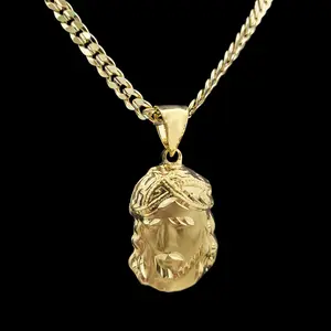 AAA+ Brass Gold Plated Jesus Head Portrait Religious Pendant Charm & 5mm 20" 24" Cuban Chain Necklace 14K Stamped on the Lock, High Quality Polished