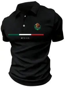 Men's Mexican Flag Polo Shirt, Mexico Emblem Short Sleeve Golf Casual Style Top, Casual Summer Wear, Street Sports Apparel, Casual Sports Tops, Casual Sportswear, Father's Day Gift